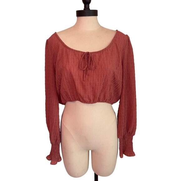 Wayf Tops - WAYF Women’s Crop Long Sleeve Textured Peasant BOHO Blouse Roast Brown Size M